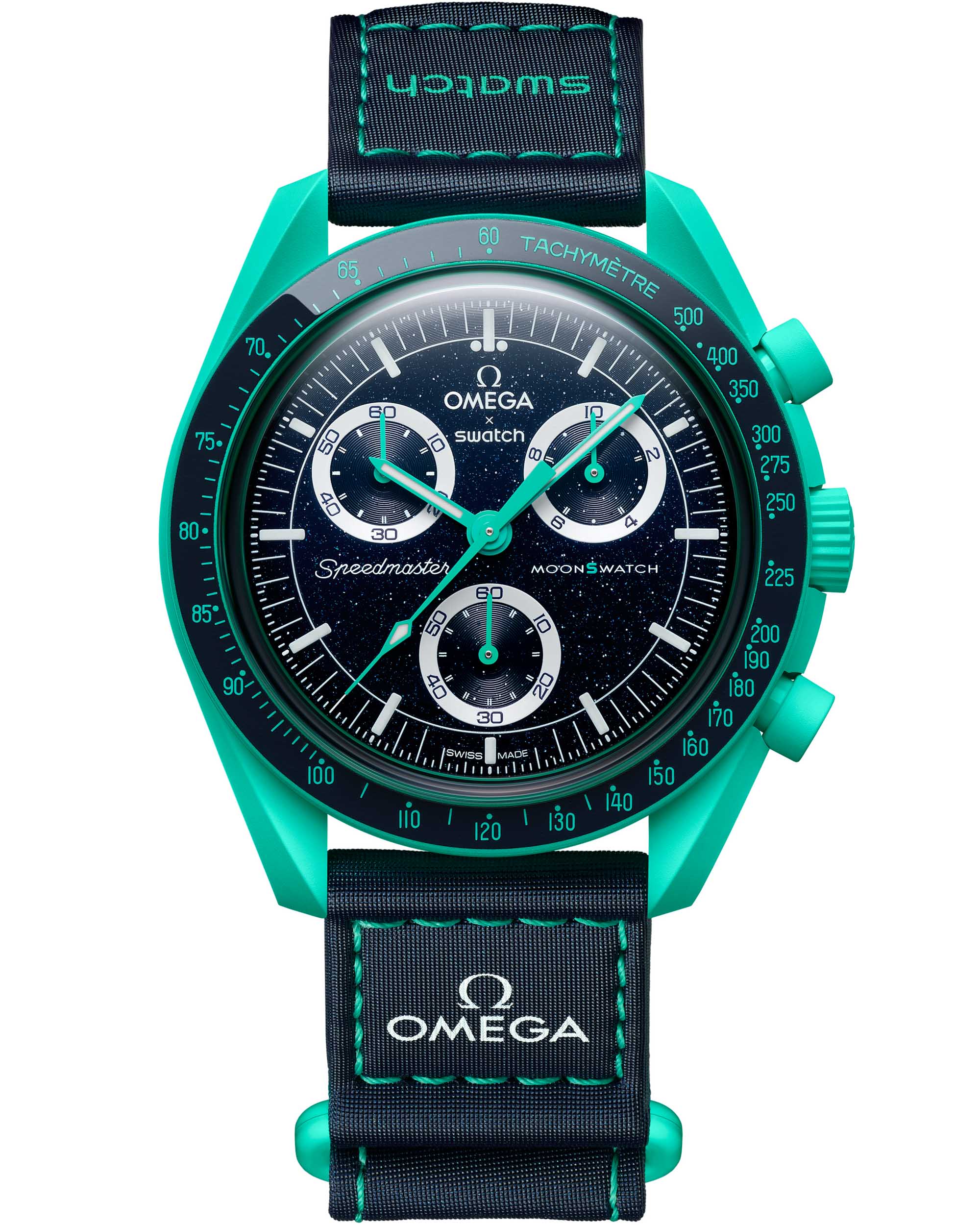The Omega X Swatch Mission on Earth 'Polar Lights' is a striking timepiece that draws inspiration from the vibrant hues of the aurora borealis, available at Cop Underdog In-store and ready to ship.